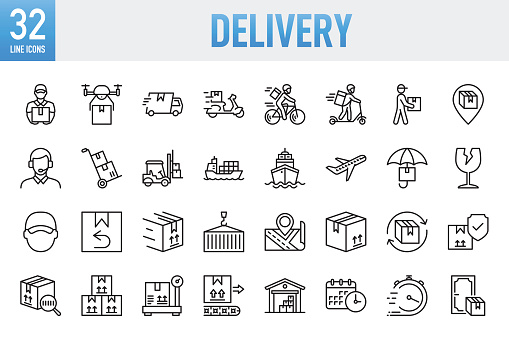 Delivery Line Icons. Set of vector creativity icons. 64x64 Pixel Perfect. For Mobile and Web. Idea generation preparation inspiration influence originality, concentration challenge launch. Contains such icons as E-commerce, Online Shopping, Delivering, Freight Transportation, Shipping, Package, Speed, Container, Box - Container, Cargo Container, Distribution Warehouse, Warehouse, Delivery Person