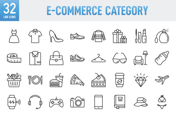e-commerce category - thin line vector icon set. pixel perfect. for mobile and web. the set contains icons: e-commerce, online shopping, shopping, delivering, store, fashion, clothing, jewelry, food, fast food, supermarket, electronic - tape measure audio点のイラスト素材／クリップアート素材／マンガ素材／アイコン素材