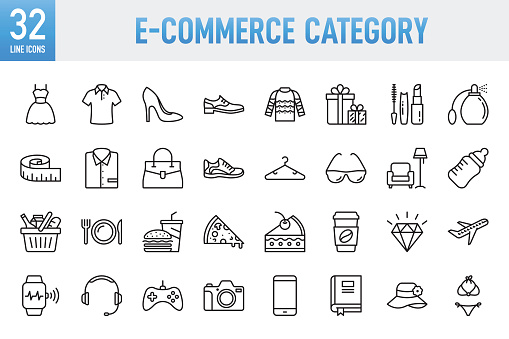 E-Commerce Category Line Icons. Set of vector creativity icons. 64x64 Pixel Perfect. For Mobile and Web. Idea generation preparation inspiration influence originality, concentration challenge launch. Contains such icons as E-commerce, Online Shopping, Shopping, Delivering, Store, Fashion, Clothing, Jewelry, Food, Fast Food, Supermarket, Electronic
