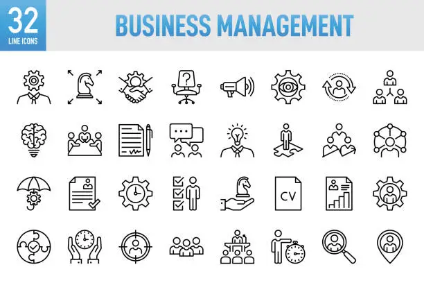 Vector illustration of Modern Universal Business Management Line Icon Set - Thin line vector icon set. Pixel perfect. For Mobile and Web. The set contains icons: Business, Strategy, Management, Goal, Target, Leadership, Teamwork, Work Group, Human Resources, Recruitment, Career