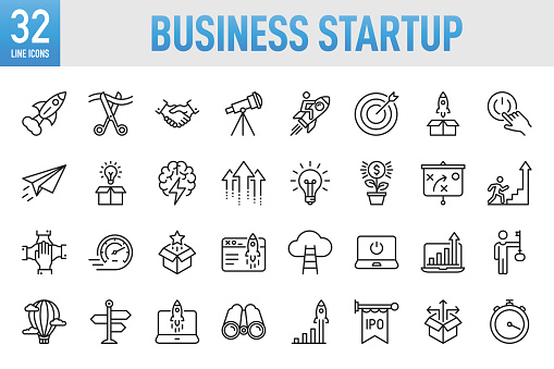 Business Startup Line Icons. Set of vector creativity icons. 64x64 Pixel Perfect. For Mobile and Web. Idea generation preparation inspiration influence originality, concentration challenge launch. Contains such icons as Startup, Launch Event, Beginnings, New Business, Motivation, Rocket, Opening, Handshake, Finance, Making Money, Investment