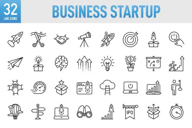 Vector illustration of Business Startup - Thin line vector icon set. Pixel perfect. For Mobile and Web. The set contains icons: Startup, Launch Event, Beginnings, New Business, Motivation, Rocket, Opening, Handshake, Finance, Making Money, Investment