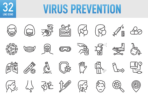 Virus Prevention Line Icons. Set of vector creativity icons. 64x64 Pixel Perfect. For Mobile and Web. Idea generation preparation inspiration influence originality, concentration challenge launch. Contains such icons as Coronavirus, COVID-19, Protective Face Mask, Healthcare And Medicine, Symptom, Illness, Pandemic - Illness, Medical Exam, Virus, Prevention, Protection, Cold And Flu