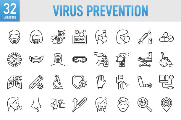 Virus Prevention - Thin line vector icon set. Pixel perfect. For Mobile and Web. The set contains icons: Coronavirus, COVID-19, Protective Face Mask, Healthcare And Medicine, Symptom, Illness, Pandemic - Illness, Medical Exam, Virus, Prevention Virus Prevention Line Icons. Set of vector creativity icons. 64x64 Pixel Perfect. For Mobile and Web. Idea generation preparation inspiration influence originality, concentration challenge launch. Contains such icons as Coronavirus, COVID-19, Protective Face Mask, Healthcare And Medicine, Symptom, Illness, Pandemic - Illness, Medical Exam, Virus, Prevention, Protection, Cold And Flu virus stock illustrations