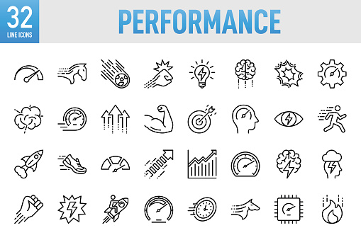 Performance Line Icons. Set of vector creativity icons. 64x64 Pixel Perfect. For Mobile and Web. The set contains icons: Idea generation preparation inspiration influence originality, concentration challenge launch. Contains such icons as Performance, Speed, Growth, Strength, Improvement, Development, Business, Internet, Running, Efficiency, Progress