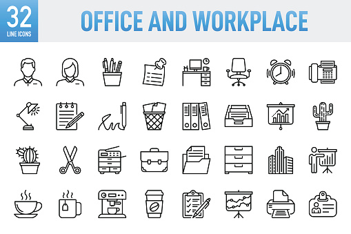 Business Office Concepts and Workplace - Thin line vector icon set. 32 linear icon. 64x64 Pixel Perfect. For Mobile and Web. The set contains icons: Office, Desk, Place of Work, Adhesive Note, Portfolio, Briefcase, Business, Personal Organizer, Secretary, Assistance, Time, Businessman, Businesswoman, People, Coffee Break