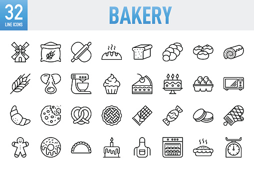 Bakery Line Icons. Set of vector creativity icons. 64x64 Pixel Perfect. For Mobile and Web. The layers are named to facilitate your customization. Vector Illustration (EPS10, well layered and grouped), easy to edit, manipulate, resize or colorize. Vector and Jpeg file of different sizes. The set contains icons: Contains such icons as Bakery, Cookie, Baking, Bread, Cake, Food, Food and Drink, Cupcake, Dough, Doughnut, Cooking, Baked Pastry Item, Sweet Food, Sweet Pie, Breakfast.