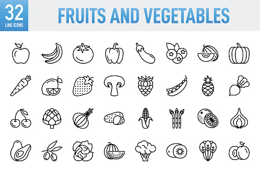 ruits and Vegetables Line Icons. Set of vector creativity icons. 64x64 Pixel Perfect. For Mobile and Web. The set contains icons: Idea generation preparation inspiration influence originality, concentration challenge launch. Contains such icons as Fruit, Vegetable, Carrot, Food, Tomato, Banana, Apple - Fruit, Orange - Fruit, Watermelon, Melon, Onion, Broccoli, Raw Potato, Strawberry, Lemon - Fruit, Cabbage, Avocado, Healthy Eating, Healthy Lifestyle