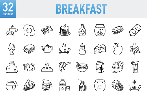 Breakfast Line Icons. Set of vector creativity icons. 64x64 Pixel Perfect. For Mobile and Web. The set contains icons: Idea generation preparation inspiration influence originality, concentration challenge launch. Contains such icons as Breakfast, Bacon, Egg, Fried Egg, Boiled Egg, Bread, Coffee - Drink, Coffee Cup, Cup, Breakfast Cereal, Milk, Tea - Hot Drink, Tea Cup, Sandwich, Food, Food and Drink, Meal