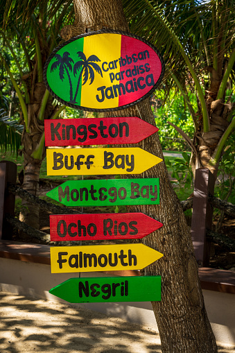 A directional sign hangs in Jamaica