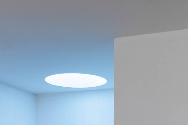 istock Abstract minimal interior with round blue light portal 2038403415