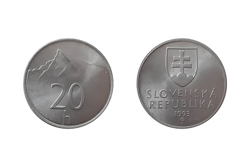 20 Halierov 1993 year on white background. Coin of Slovakia. Obverse Slovak shield, year of mintage. Reverse Peak of Slovak national mountain Kriváň