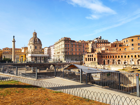 Trajan's Forum, also known as the Forum of Trajan, is a monumental complex located in the heart of ancient Rome, Italy. It was constructed by the Roman Emperor Trajan and his architect Apollodorus of Damascus between 107 and 112 AD. The forum was inaugurated in 113 AD.