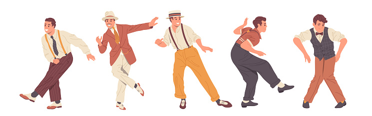 Bundle of cheerful retro man cartoon characters wearing old-school style clothes performing dance set isolated on white background. Male dancers enjoying lindy hop, step or swing vector illustration