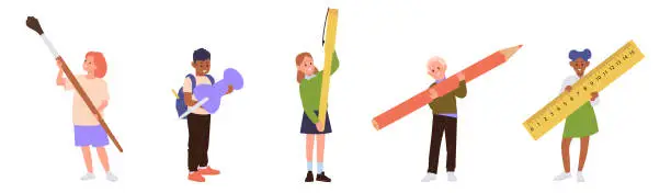 Vector illustration of Isolated children cartoon characters holding huge school stationery enjoying education process