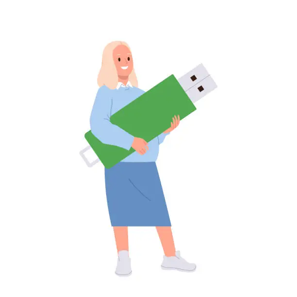Vector illustration of Happy businesswoman freelancer tiny cartoon character holding huge usb flash drive storage disk