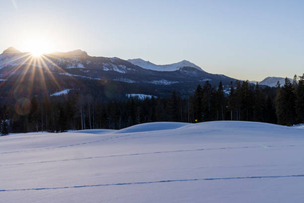 冬の山や森の日の出の空撮 - copy space alpenglow winter mountain range ストックフォトと画像