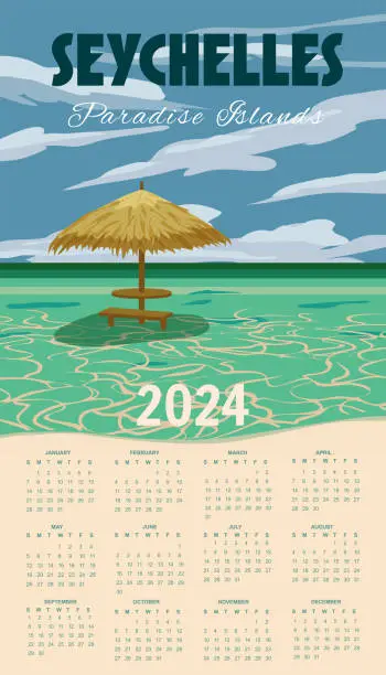 Vector illustration of Calendar 2024 Seychelles travel poster wall vintage