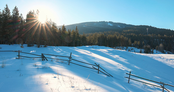 Aerial view of mountains, fence and  forest in fresh snow at sunrise