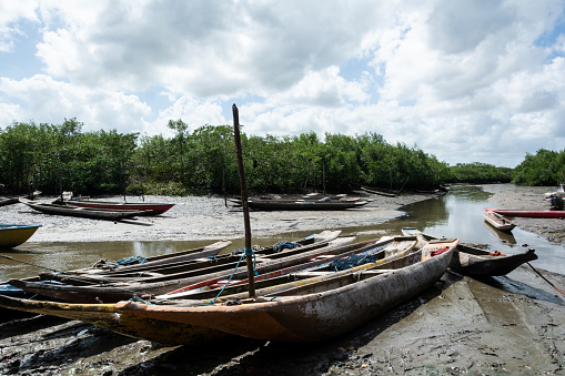 Santo Amaro, Bahia, Brazil - July 19, 2015: View of fishing canoes stopped at the port of Acupe, district of the city of Santo Amaro, Bahia.