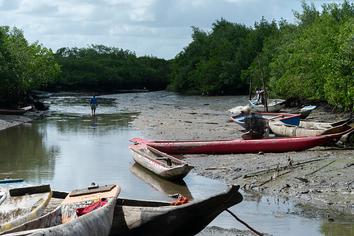 Santo Amaro, Bahia, Brazil - July 19, 2015: View of fishing canoes stopped at the port of Acupe, district of the city of Santo Amaro, Bahia.