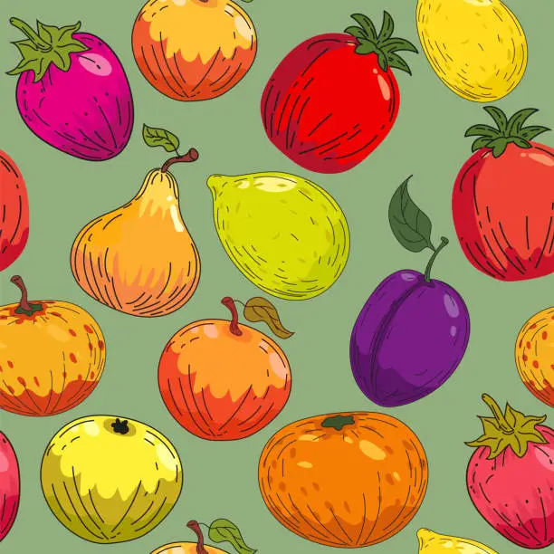 Vector illustration of Colorful bright fruits seamless pattern. Hand drawing sketch fruits