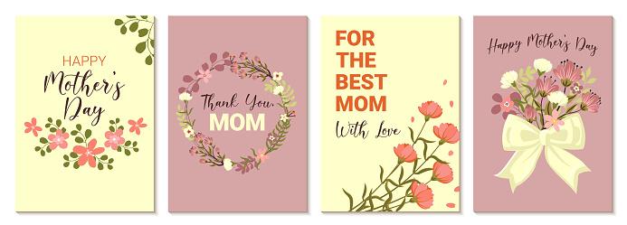 Mother's day posters set in hand drawn flat style with flowers and greenery in pastel colors and trendy typography. Modern vector templates for greeting cards, banners, covers, social media.