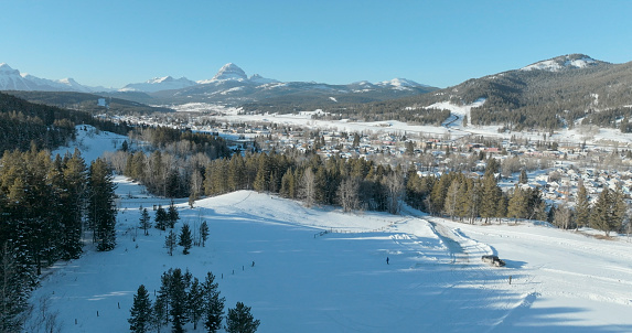 Ski Jump in Planica near Kranjska Gora Slovenia covered in snow at winter time. Aerial Panorama