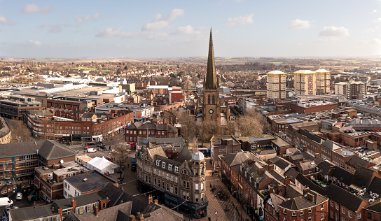Aerial panorama landscape of the West Yorkshire city of Wakefield in a cityscape skyline