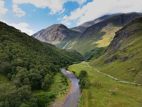 View of the Water of Nevis river in Glen Nevis and with the Ben Nevis mountain in the background. Scottish highlands