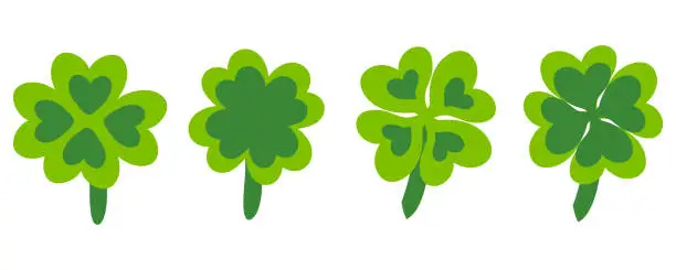 Vector illustration of Heart shaped four leaf clover plant collection for St Patricks Day. Perfect set for card, sticker, poster, banner. Hand drawn isolated vector illustration.