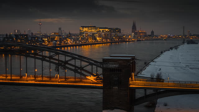 Cityscape of Cologne with Rheinauhafen and Cologne Catherdral at winter time