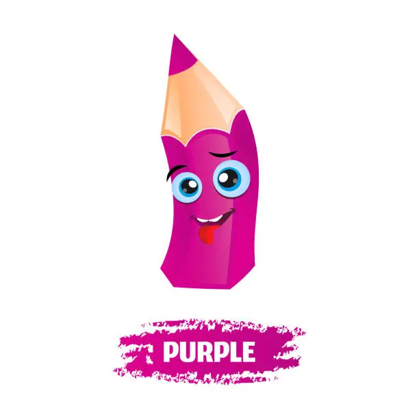 Vector illustration of School pencil vector character with funny purple education Cartoon Mascot on white background.