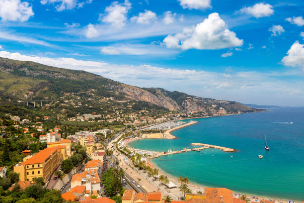 panoramic view of menton, france - aerial view cityscape menton beach photos et images de collection