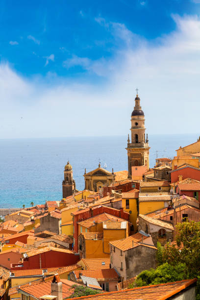 panoramic view of menton, france - aerial view cityscape menton beach photos et images de collection