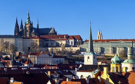 Prague, Czech Republic, January 28, 2024: View of the Prague Castle with the cathedral of St. Vitus on a sunny day. The castle is seat of the Czech president.