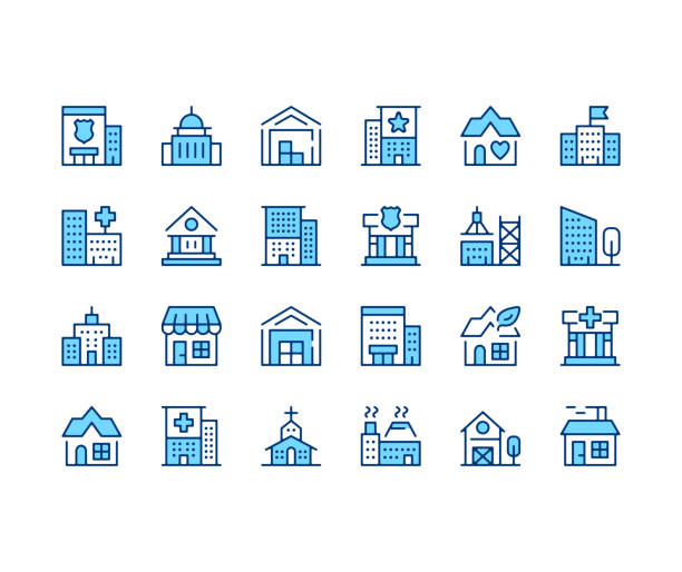 illustrations, cliparts, dessins animés et icônes de ensemble d’icônes de bâtiments. icônes de ligne vectorielle. symboles de contour de couleur bleue. des concepts modernes - hospital built structure building exterior architecture