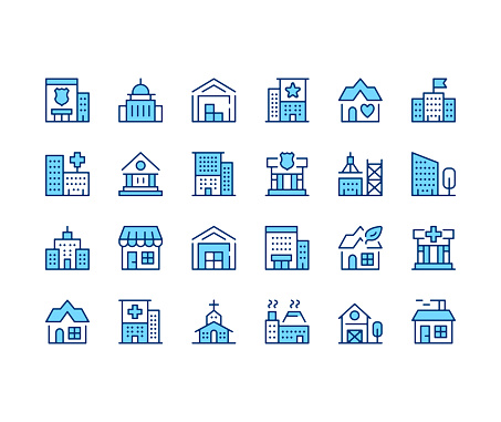 Buildings icons set. Vector line icons. Blue color outline stroke symbols. Modern concepts