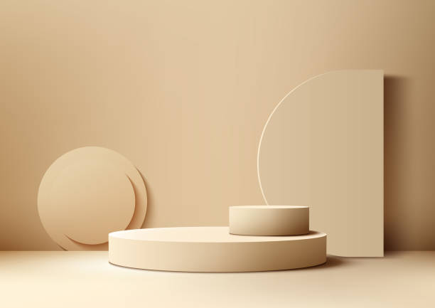 istock Abstract 3D beige podium with geometric shapes, including a circle, cylinder, and staircase 2038670787
