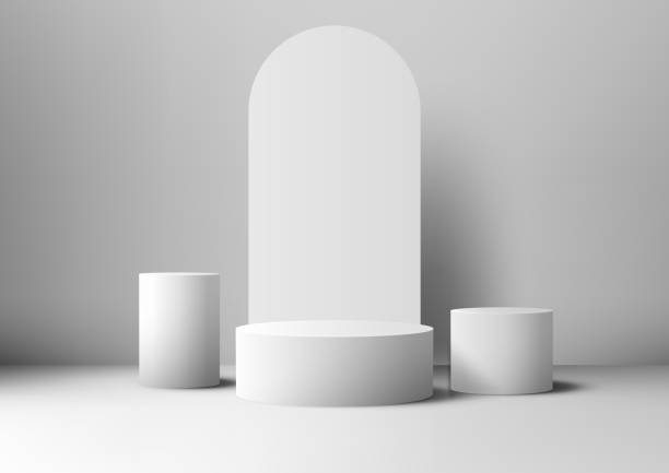 istock 3D white geometric product display with three cylinder pedestals on a white platform and background. Retail mockup 2038670792