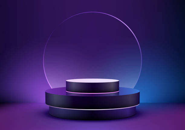 istock Abstract 3D podium with purple and blue neon lighting with circle glass backdrop technology style 2038670795