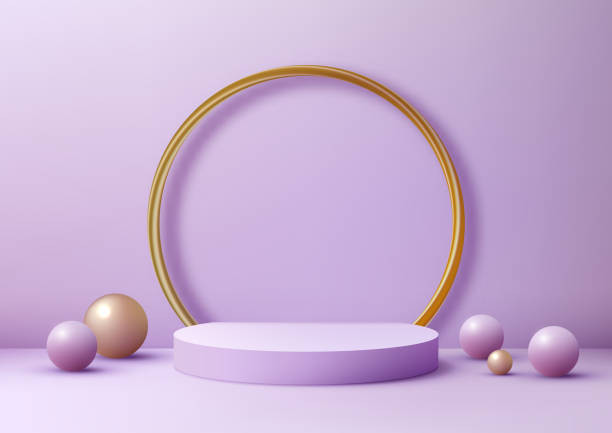 istock 3D round purple podium with a gold ring and balls on a purple background, Luxury style 2038670805