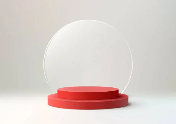 Vector illustration of 3D red podium with clear glass circle backdrop set against a white background