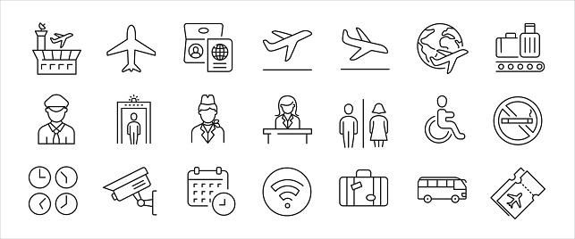 Airport simple minimal thin line icons. Related airplane, flight, transport, airline. Editable stroke. Vector illustration.