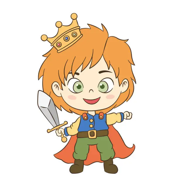 Vector illustration of Cartoon style cute little prince with colorful uniform, wearing a crown, standing smiling