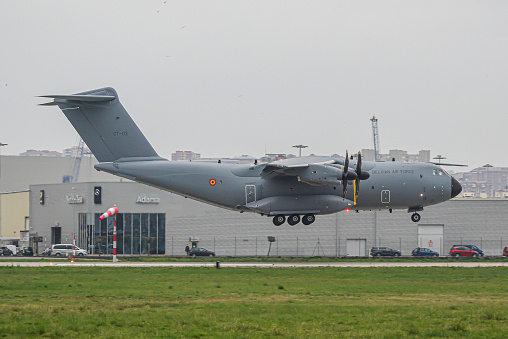 Airbus A400M Atlas military transport plane in Santander international airport