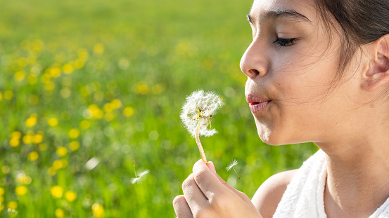 Young adult blonde woman sitting alone on grass at meadow of fresh yellow blooming dandelions in warm sunny spring day. Thinking about life in restful moment. Peaceful atmosphere in nature. Back view.