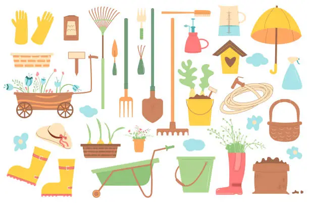 Vector illustration of Gardening tools square banner set. Agriculture seasonal elements composition. Spring horticulture equipment. Planting and work in backyard. Seeds, shovel and sample, pot. Vector flat illustration
