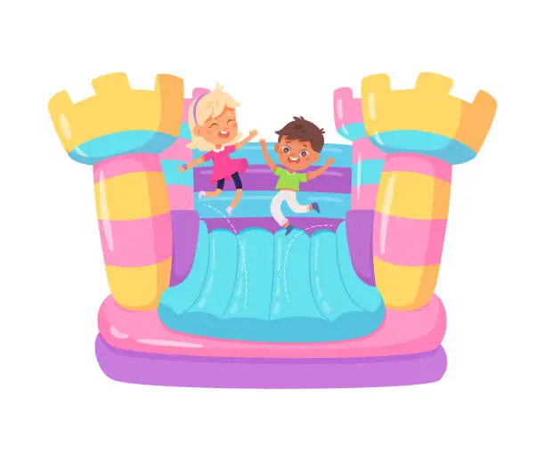 Vector illustration of Kids playground vector illustration. Boy and a girl jump on trampoline bouncy castle. Children game center in mall. Indoor or outdoor kids play zone. Active leisure fun happy childhood concept
