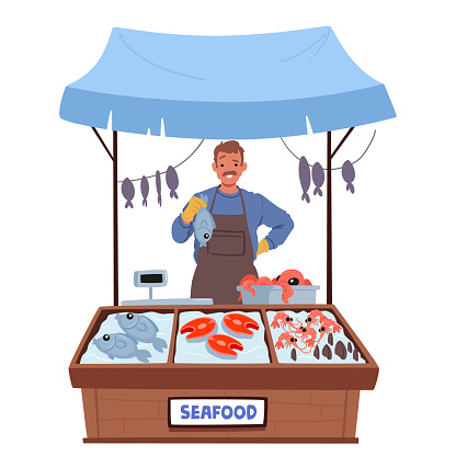 Farmer Character Stands Proudly At His Seafood Stall, Showcasing A Glistening, Fresh Fish In Hand, Surrounded By Ice-filled Displays Of Marine Bountiful Catch. Cartoon People Vector Illustration